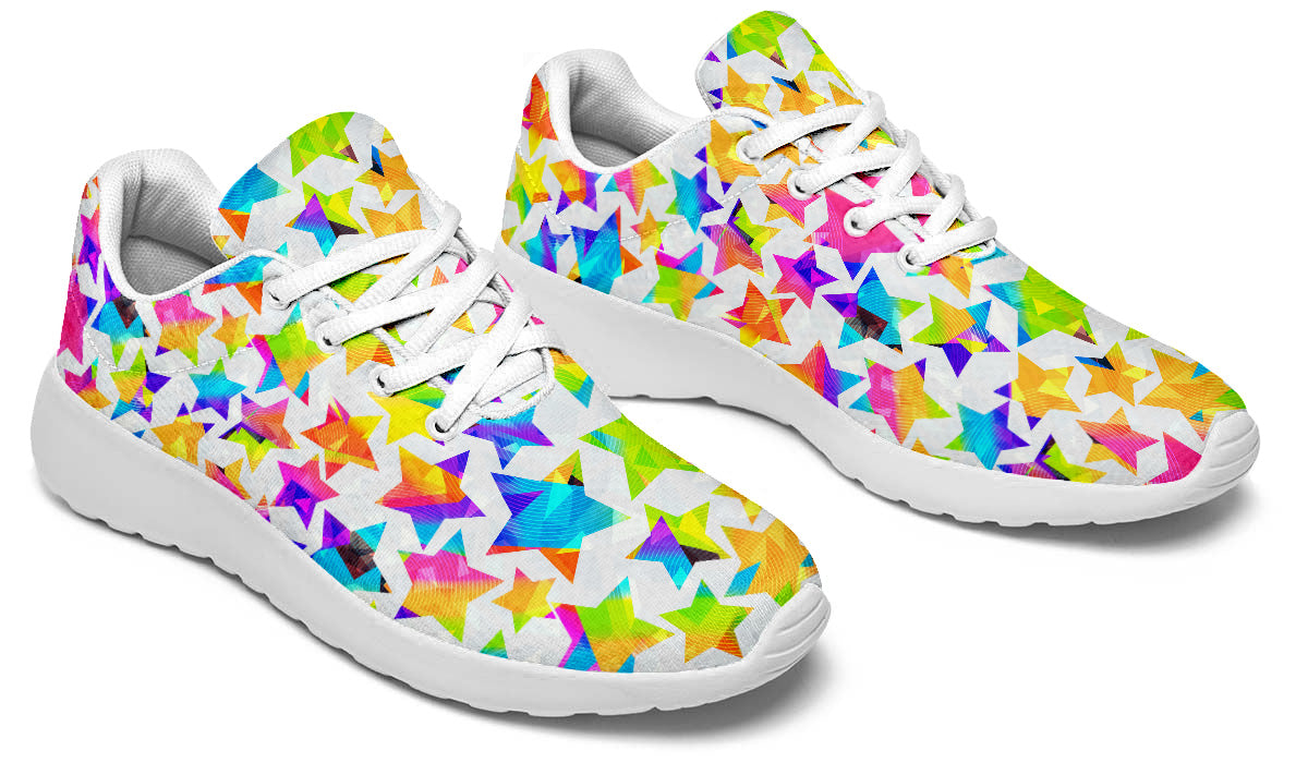 Sport shoes featuring colorful multicolor star patterns on a white background with bright geometric artwork.