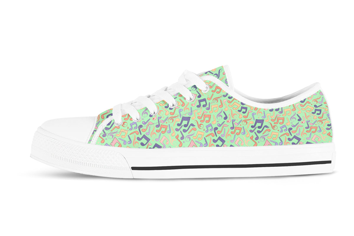 Music Notes Sneakers: Green Music Pattern Low Top Sneakers