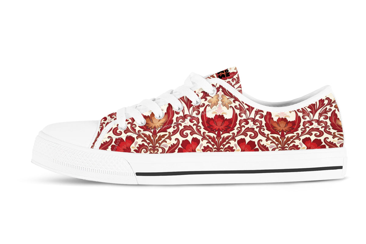 Cherry Lace Sneakers: Red Cherry Lace Pattern Low Top Sneakers
