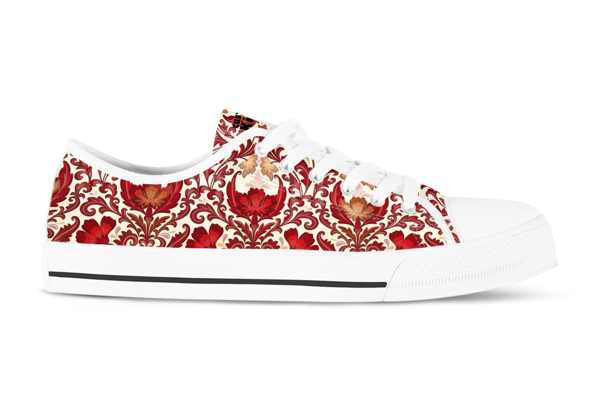 Cherry Lace Sneakers: Red Cherry Lace Pattern Low Top Sneakers