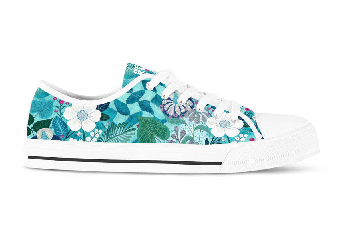 Floral Sneakers: Teal and White Floral Pattern Low Top Sneakers