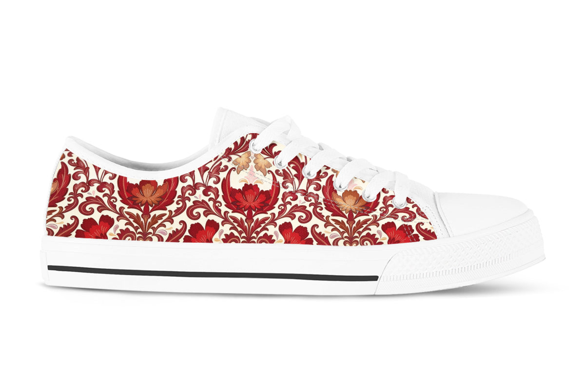 Cherry Lace Sneakers: Red Cherry Lace Pattern Low Top Sneakers