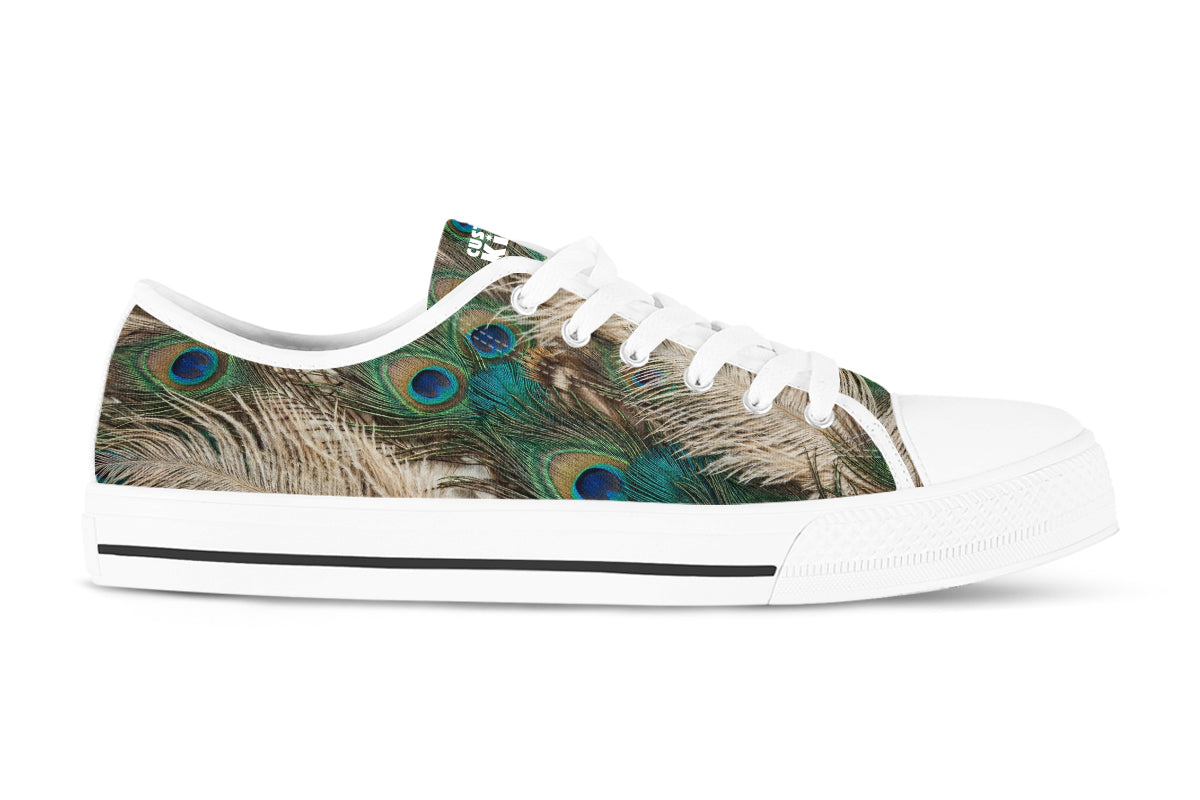 Peacock Sneakers: Peacock Feather Pattern Low Top Sneakers