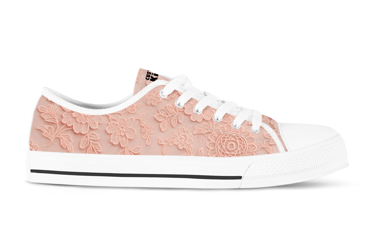 Lace Sneakers: Pink Lace Pattern Low Top Sneakers