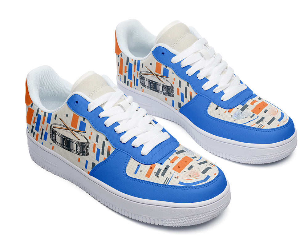Court sneakers in white sole featuring a silver snare drum with drumsticks over blue and orange equalizer block patterns.