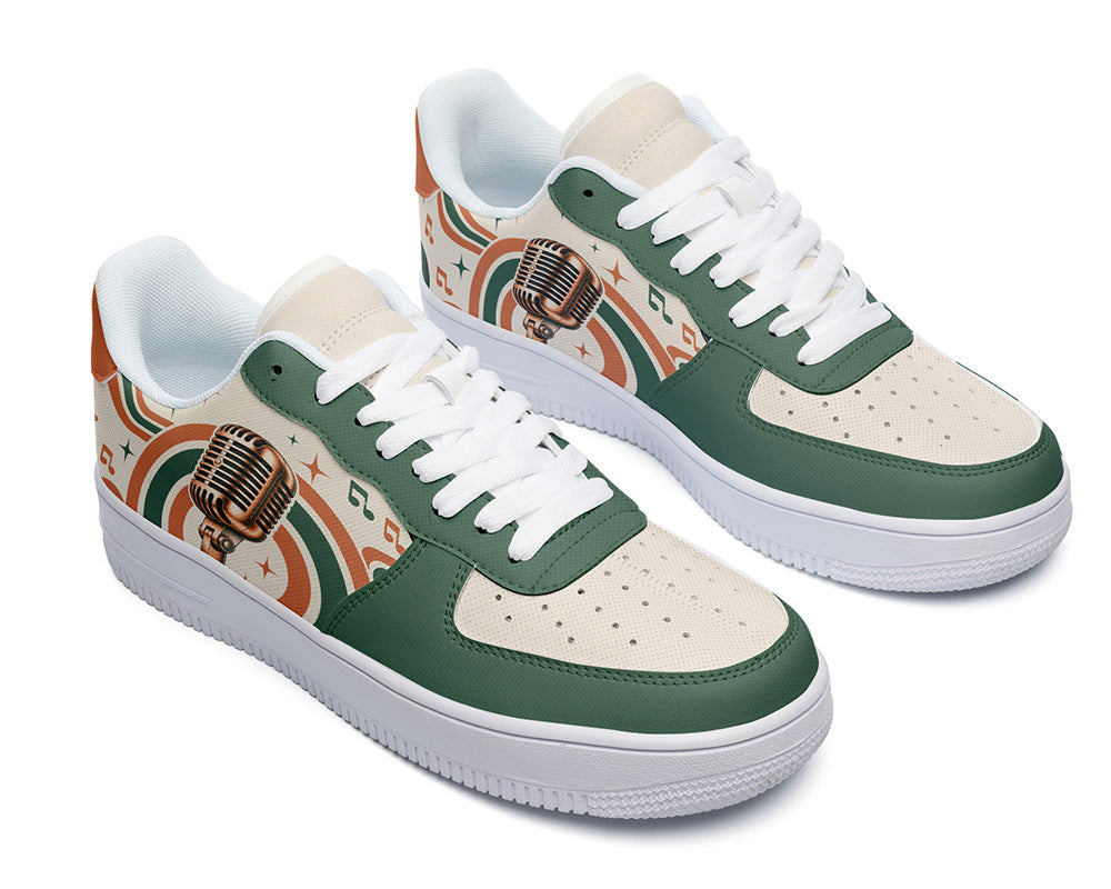Court sneakers in white sole featuring a vintage gold microphone illustration over green and orange rainbow wave arches and music notes.