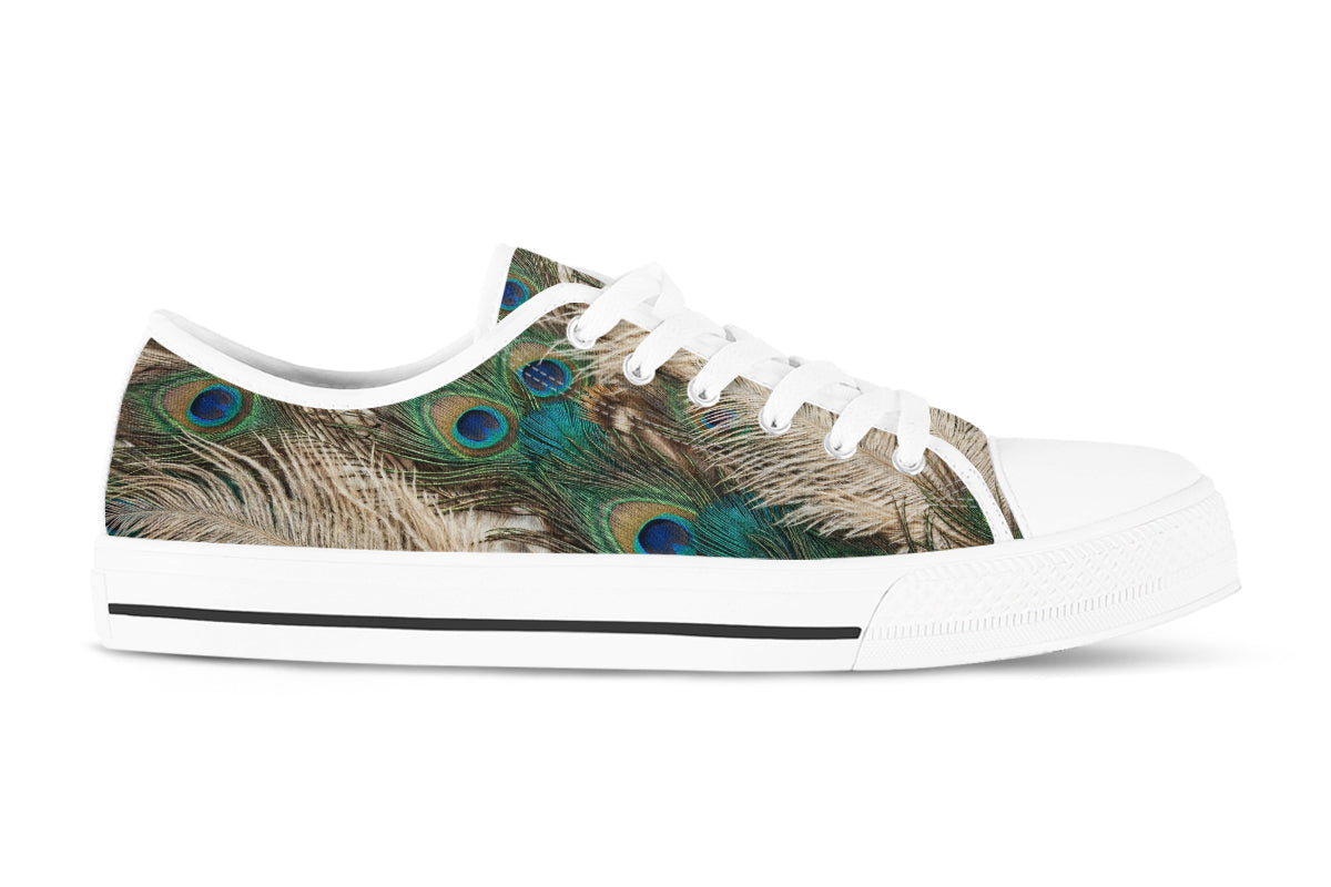 Peacock Sneakers: Peacock Feather Pattern Low Top Sneakers