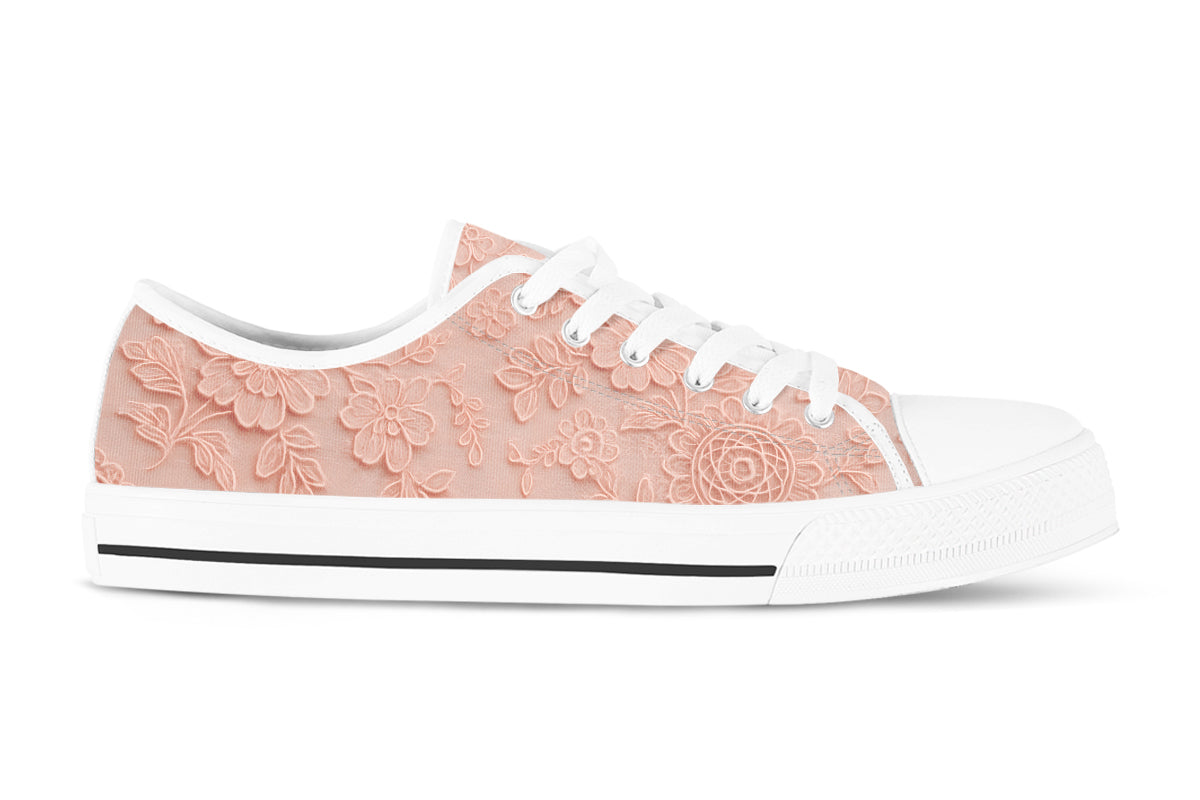 Lace Sneakers: Pink Lace Pattern Low Top Sneakers