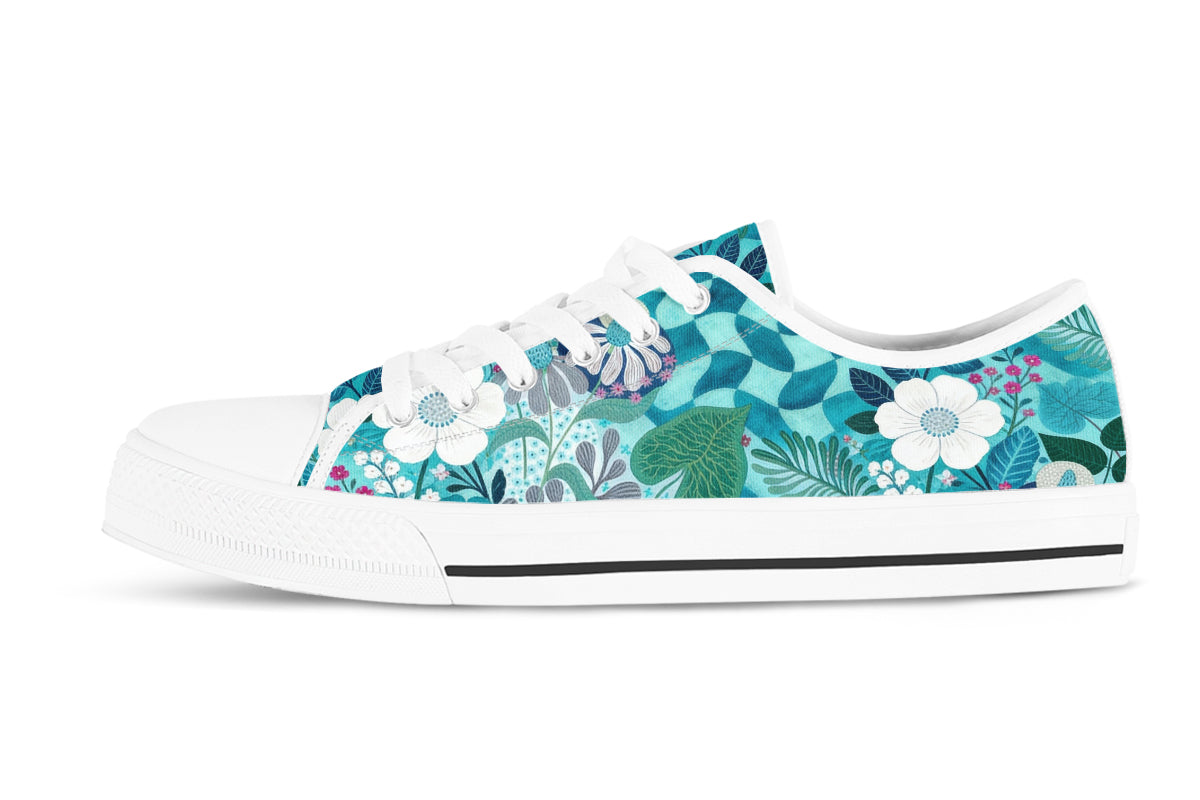 Floral Sneakers: Teal and White Floral Pattern Low Top Sneakers