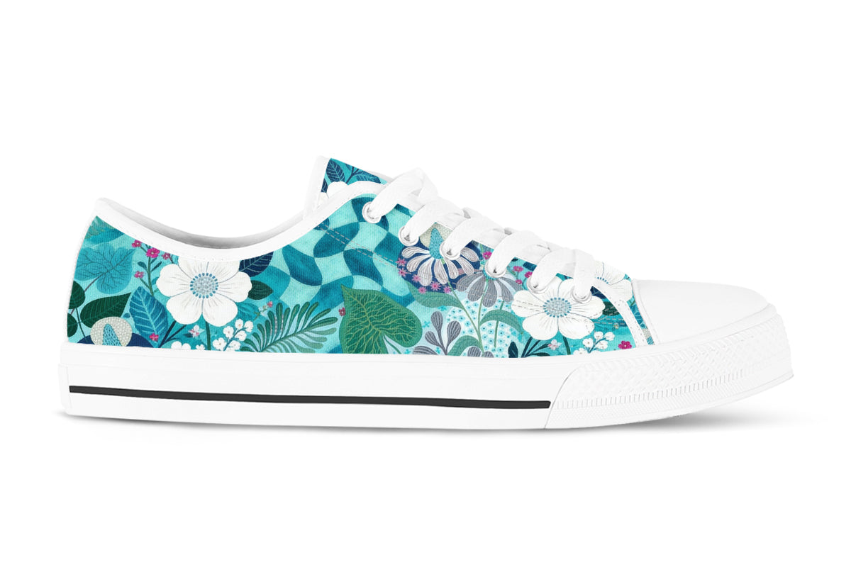Floral Sneakers: Teal and White Floral Pattern Low Top Sneakers