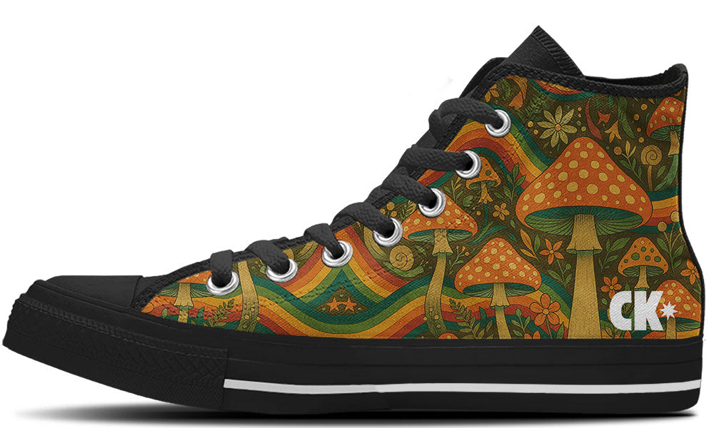 Custom Kiks Fungi Pride High Tops – terracotta red and deep green mushroom patterns with rainbow background