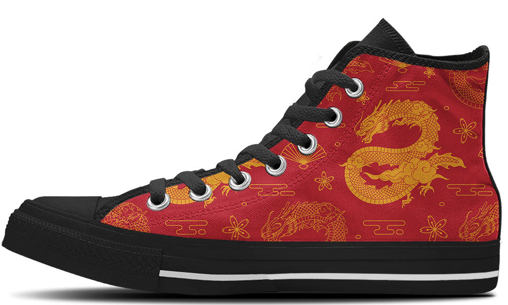 Chinese Dragon Sneakers: Red Dragon Pattern High Top Sneakers