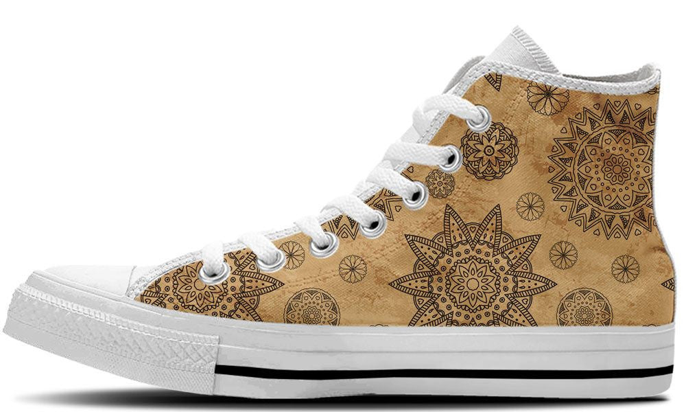 Mandala Sneakers: Tan Mandala Pattern High Top Sneakers