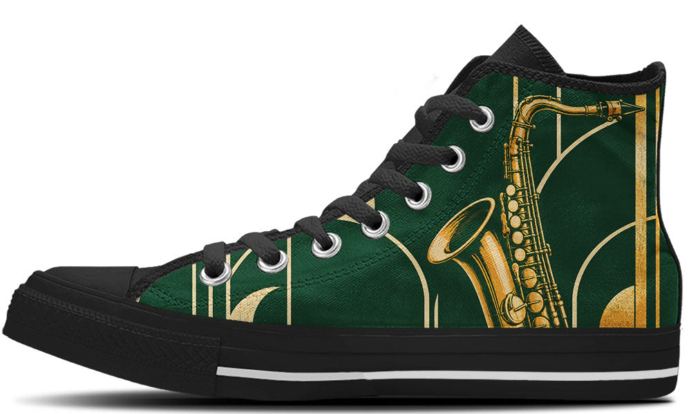 High Top sneaker in black sole with a side view featuring a golden brass saxophone over an emerald green Art Deco geometric pattern.