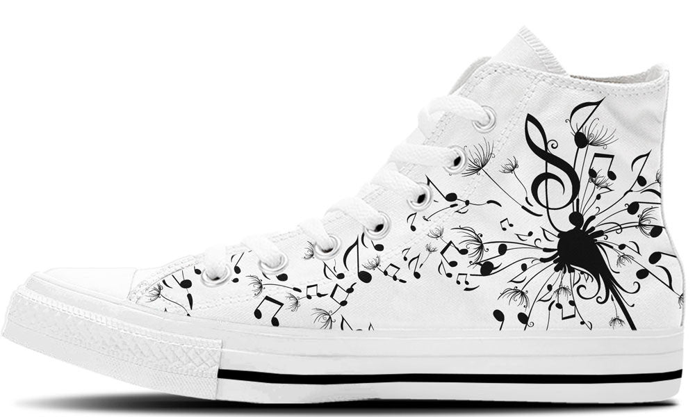 A white high-top canvas sneaker featuring a black musical note and treble clef graphic printed across the side, shown against a plain white background.