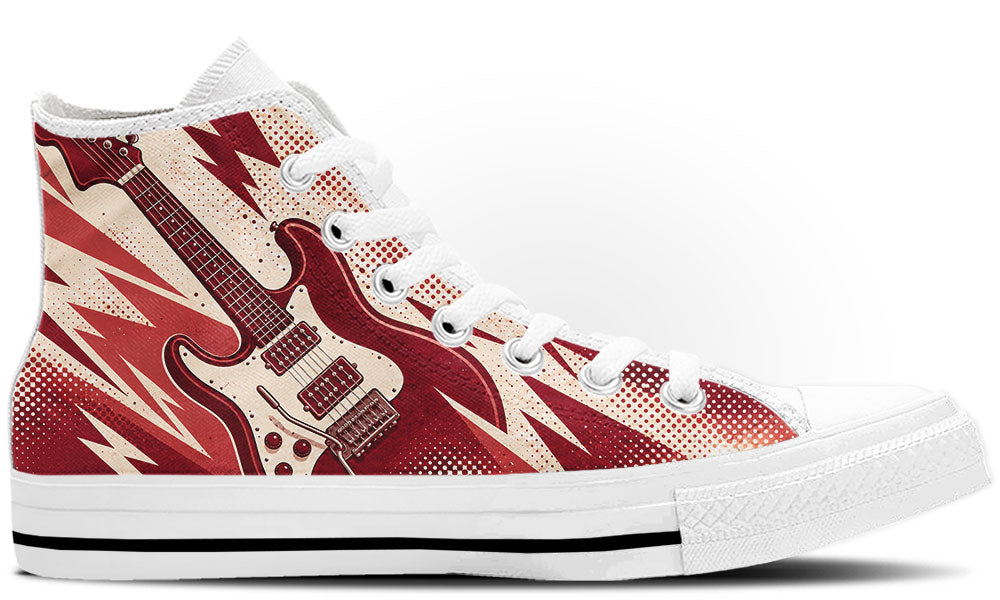 Classic high top sneaker with a red electric guitar graphic, lightning bolts, and halftone dots print in white sole.