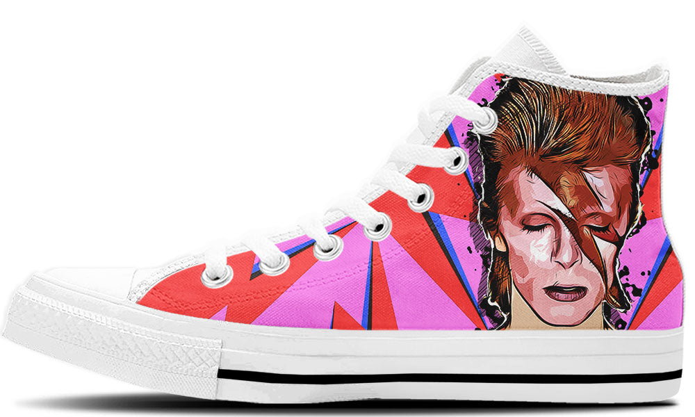 High Top sneaker in white sole with a side view featuring a pink and red starburst background accented with bold red and blue lightning bolt graphics.