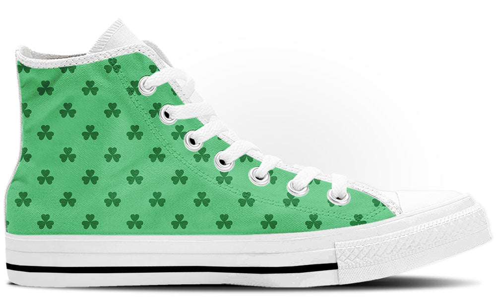 Saint Patrick Sneakers: Green Clover Pattern High Top Sneakers