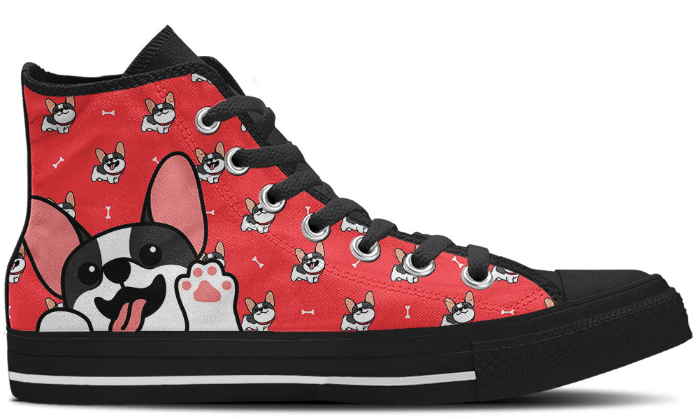 French Bulldog Sneakers: French Bulldog Doodle Illustration High Top Sneakers in Red Background