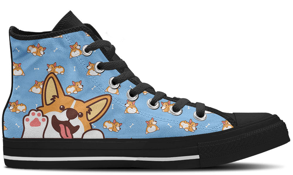 Custom Kiks Corgi Doodle High-Top Shoes – playful high-top sneakers with an all-over corgi dog illustration on a baby blue background.