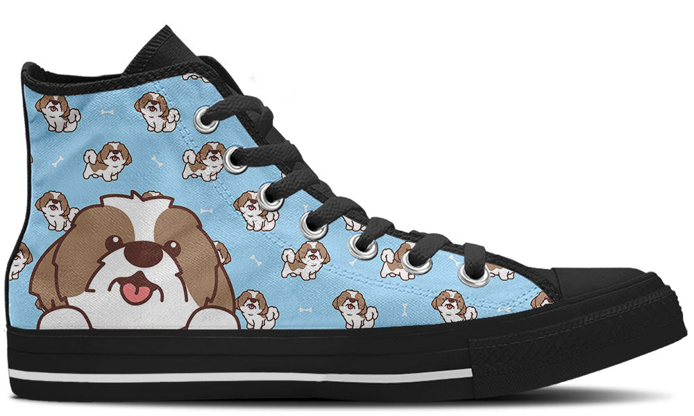 Shih Tzu Sneakers: Shih Tzu Doodle Illustration High Top Sneakers in Baby Blue Background