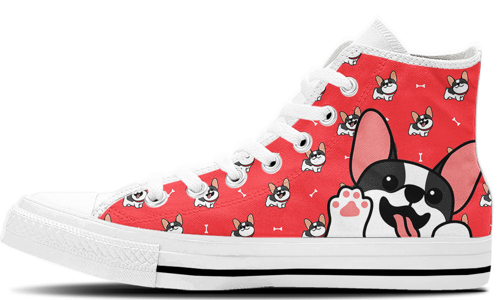 French Bulldog Sneakers: French Bulldog Doodle Illustration High Top Sneakers in Red Background