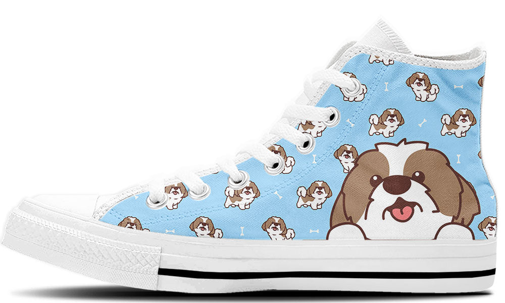 Shih Tzu Sneakers: Shih Tzu Doodle Illustration High Top Sneakers in Baby Blue Background