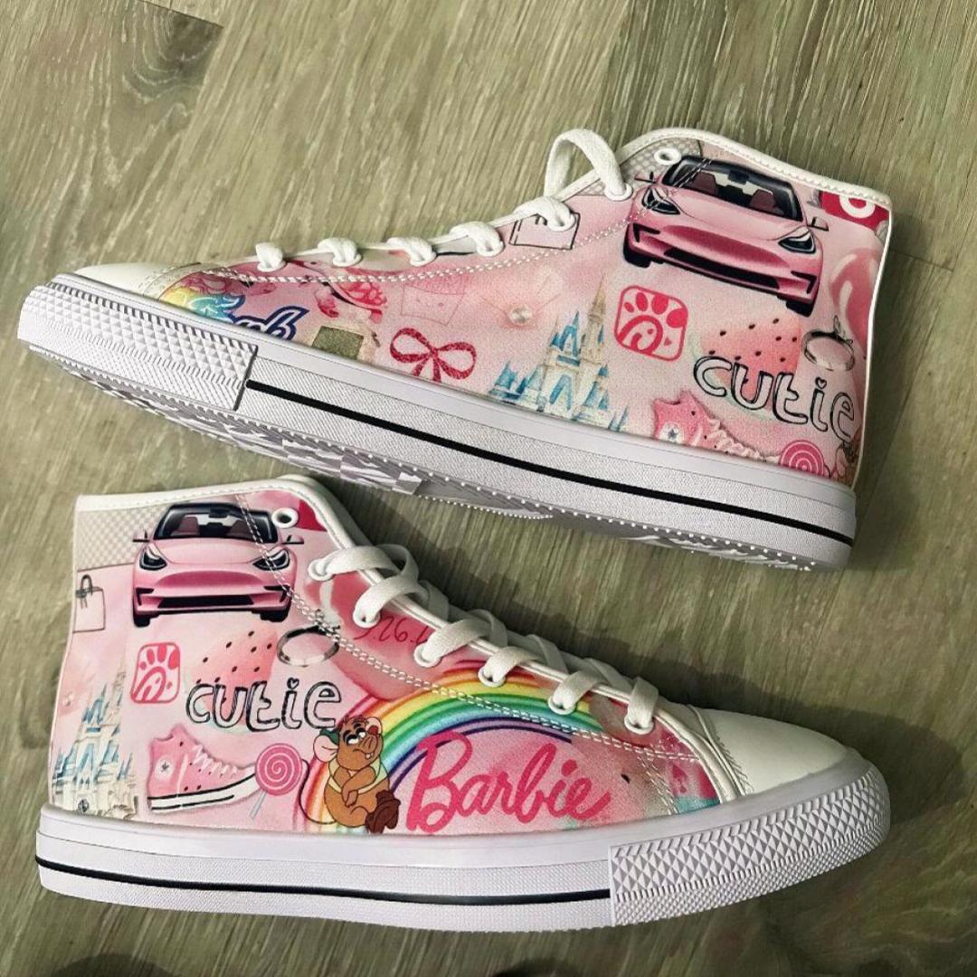 Custom High Tops in Pink with Barbie, Converse, Bows and Pink Sport car icons by Custom Kiks