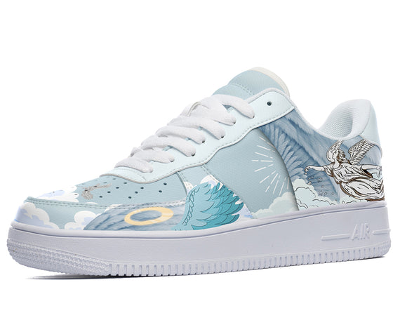 A white sneaker with a light blue background. The design on the shoe features an angel reaching out to touch a human figure. There are also clouds and a sun in the background.