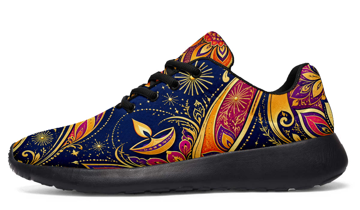 Diwali Sport Shoes featuring golden diya lamps, starbursts, and vibrant paisley patterns in blue, magenta, and orange, with black laces and soles.