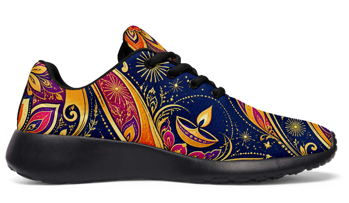 Diwali Sport Shoes featuring golden diya lamps, starbursts, and vibrant paisley patterns in blue, magenta, and orange, with black laces and soles.