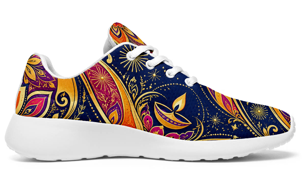 Diwali Sport Shoes featuring golden diya lamps, starbursts, and vibrant paisley patterns in blue, magenta, and orange, with white laces and soles.