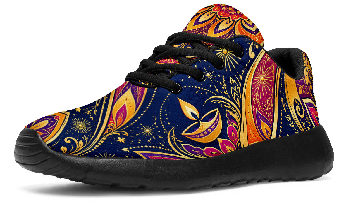 Diwali Sport Shoes featuring golden diya lamps, starbursts, and vibrant paisley patterns in blue, magenta, and orange, with black laces and soles.