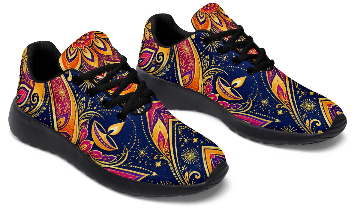 Diwali Sport Shoes featuring golden diya lamps, starbursts, and vibrant paisley patterns in blue, magenta, and orange, with black laces and soles.