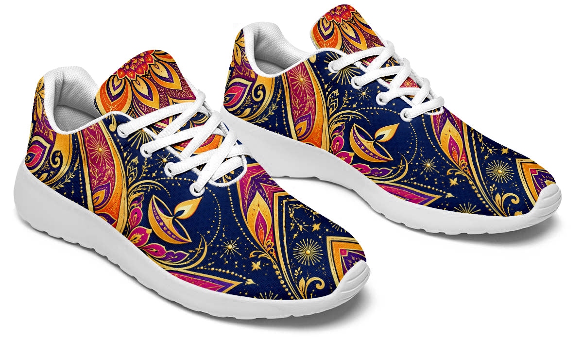 Diwali Sport Shoes featuring golden diya lamps, starbursts, and vibrant paisley patterns in blue, magenta, and orange, with white laces and soles.