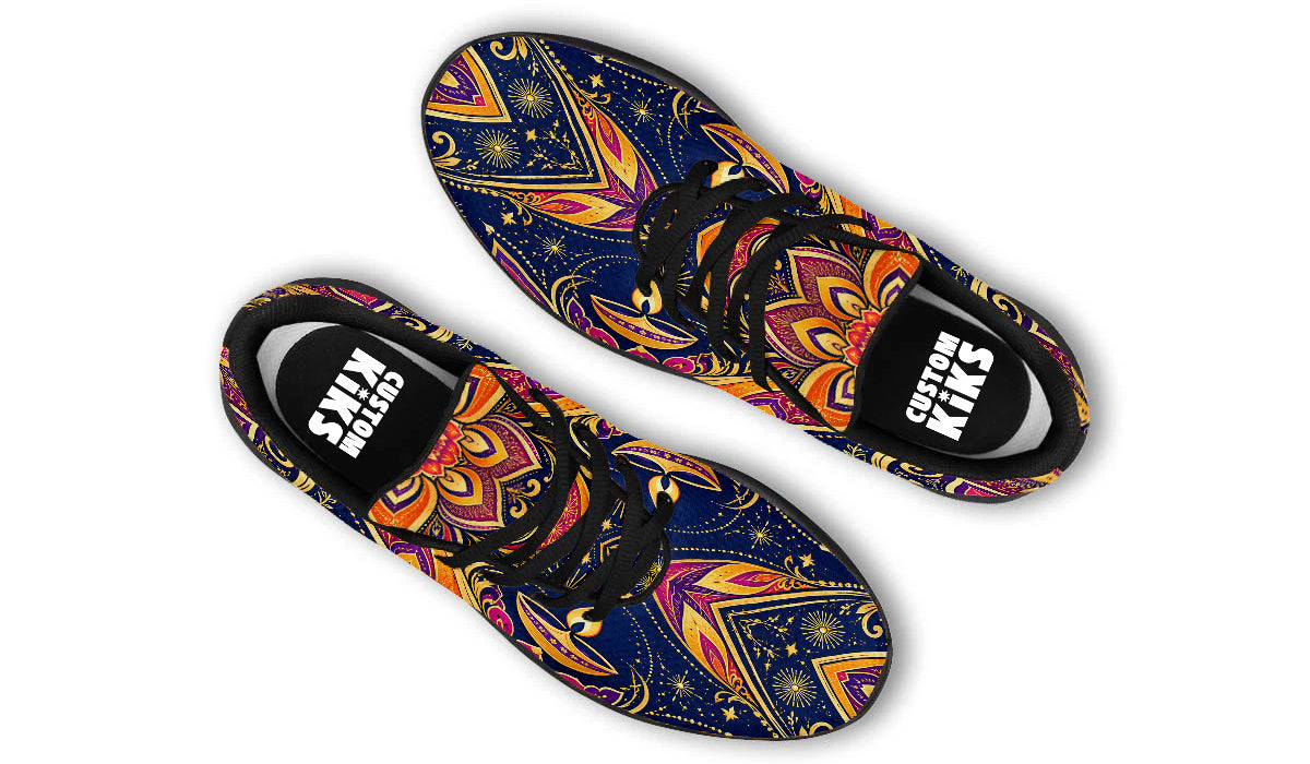 Diwali Sport Shoes featuring golden diya lamps, starbursts, and vibrant paisley patterns in blue, magenta, and orange, with black laces and soles.