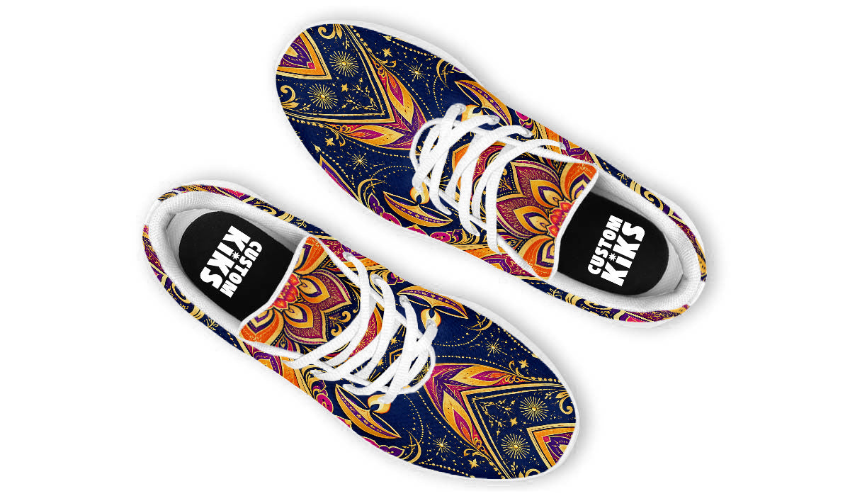 Diwali Sport Shoes featuring golden diya lamps, starbursts, and vibrant paisley patterns in blue, magenta, and orange, with white laces and soles.
