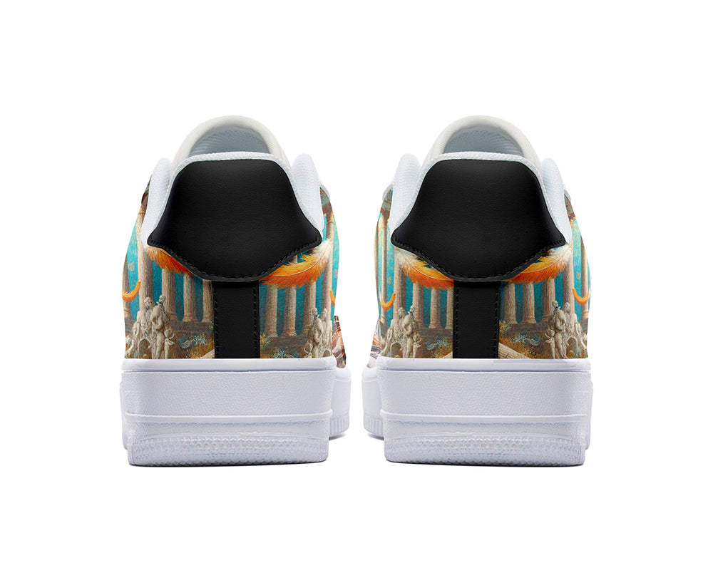 Ancient Greece court sneakers featuring classical civilization artwork with Greek architecture, statues, and mythology-inspired scenes.