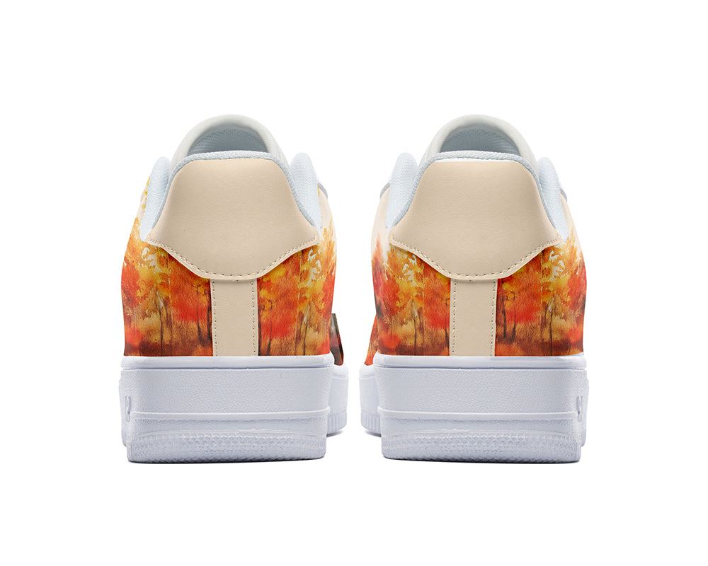 Custom Kiks White sneakers with a watercolor print of an autumn forest scene. 