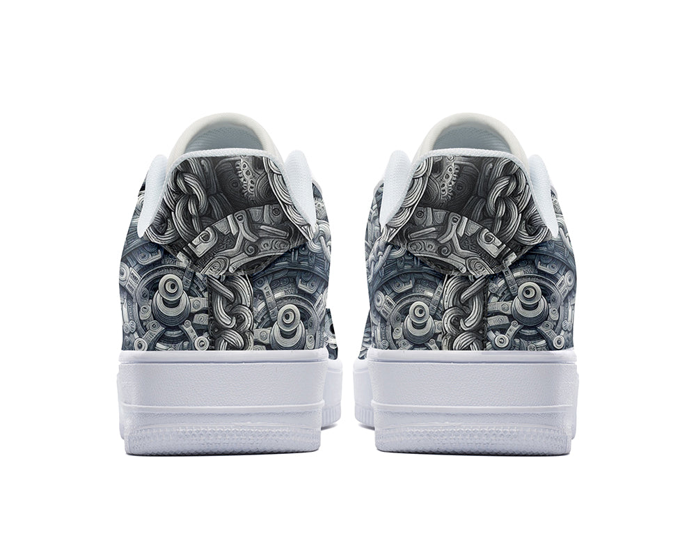 Gear Pattern Court Sneakers featuring intricate mechanical gears, industrial machinery artwork, and metallic steampunk-inspired design details in black, silver, and bronze tones.