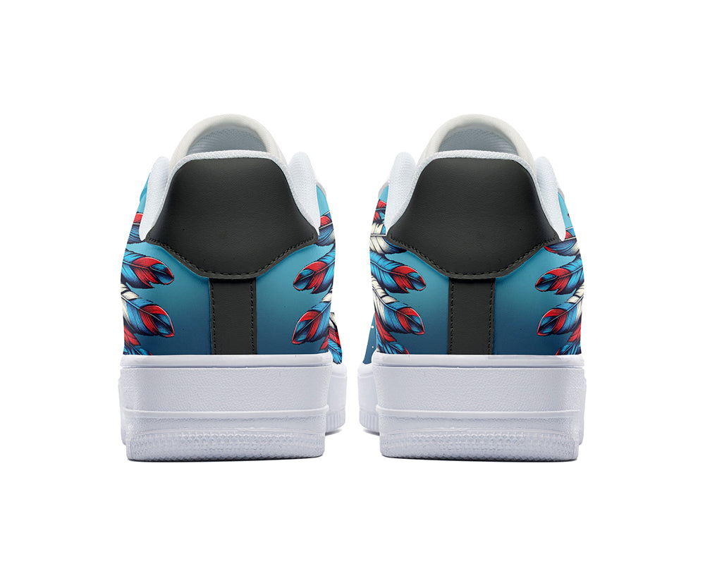 Native American inspired court sneakers featuring tribal heritage artwork with a colorful feather headdress illustration and cultural art details.