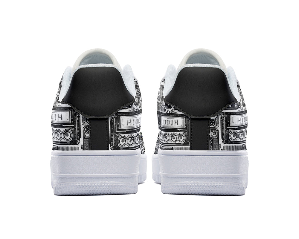 Court sneakers featuring an audio equalizer pattern with vintage music equipment, speakers, and sound system artwork in black, white, red, yellow, and green tones.