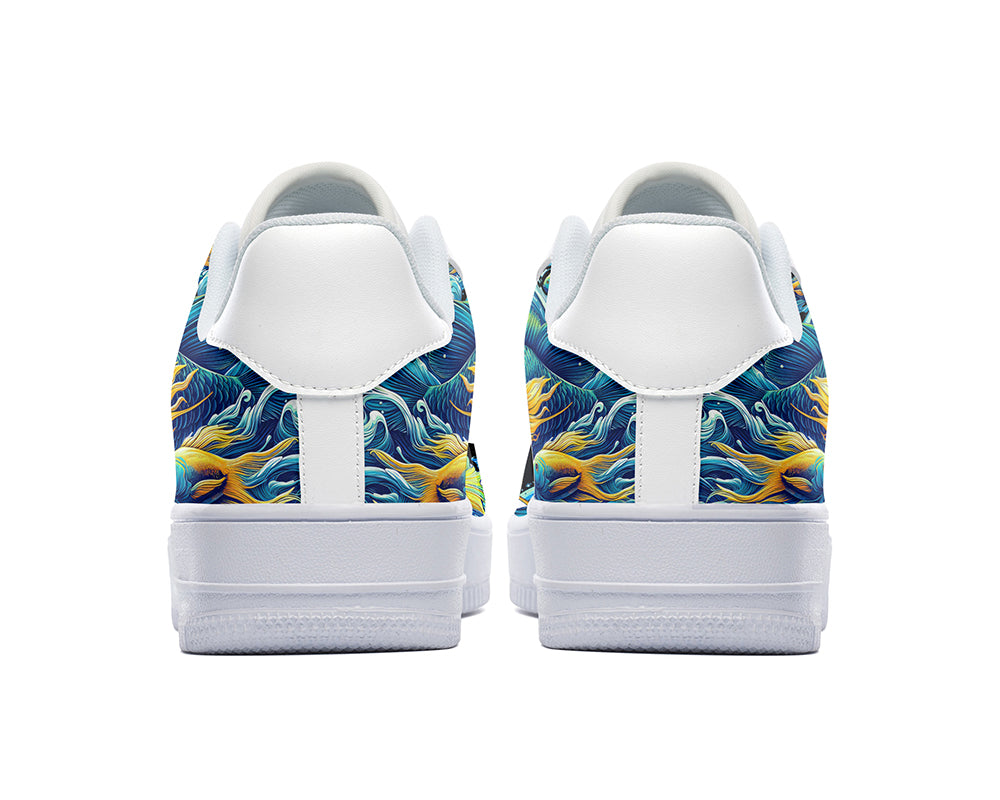 Court sneakers featuring colorful sport fishing artwork with detailed fish illustrations, fishing hook design, and ocean wave graphics.