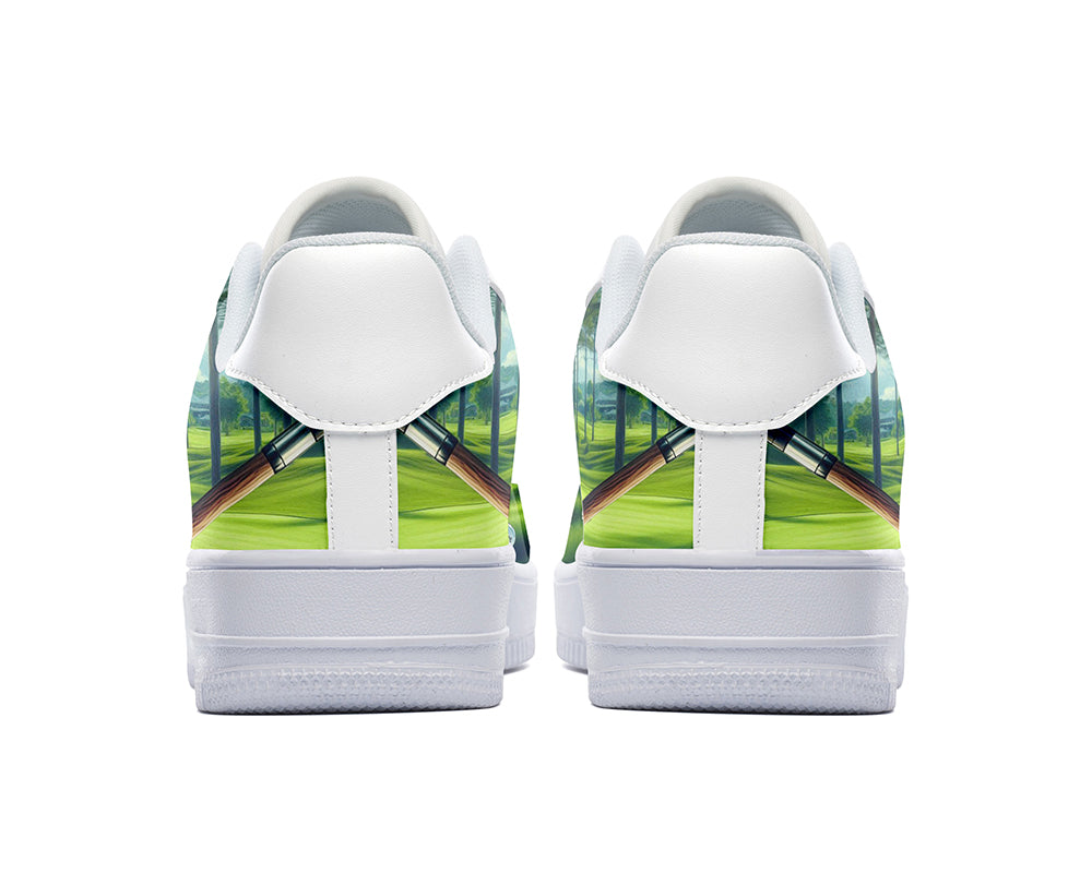 Court sneakers featuring a golf course illustration with golf clubs, golf balls, and fairway-inspired artwork.