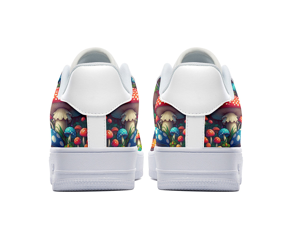 Custom Kicks white sneakers with a colorful wild mushroom design.