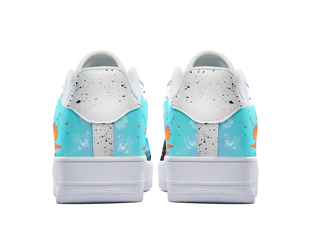 Court sneakers featuring an abstract paint splatter design with black, white, orange, and blue paint splash artwork.