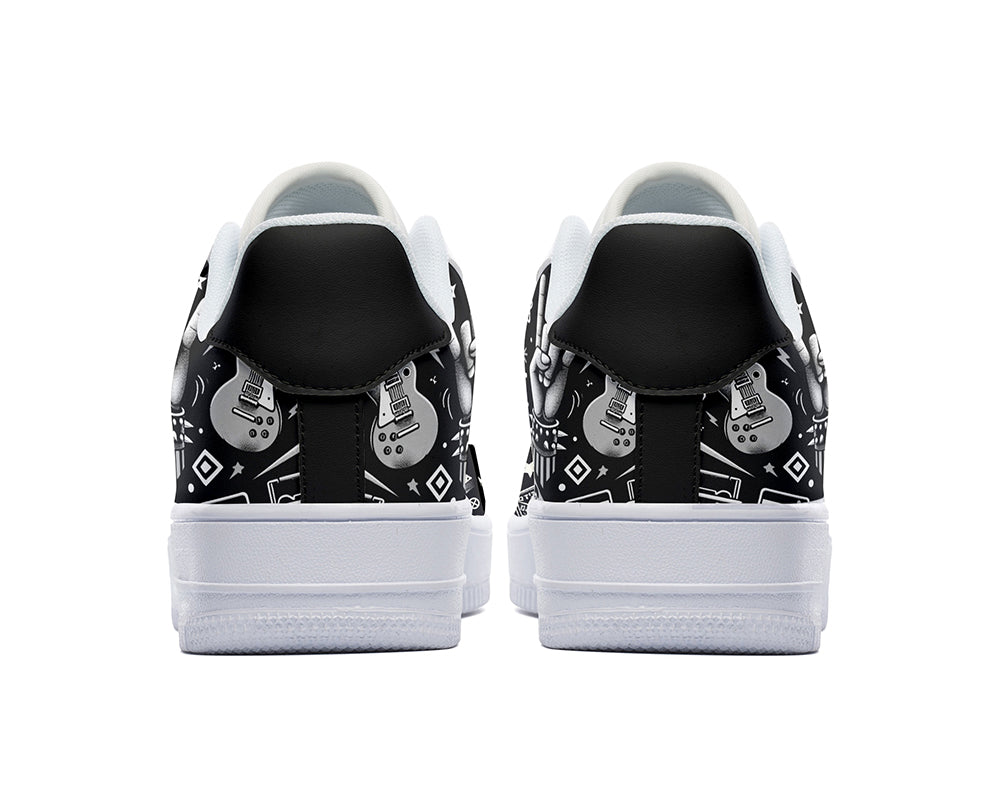 Black and white sneaker with music, skull and flames titled Punk Rock Court Sneakers 