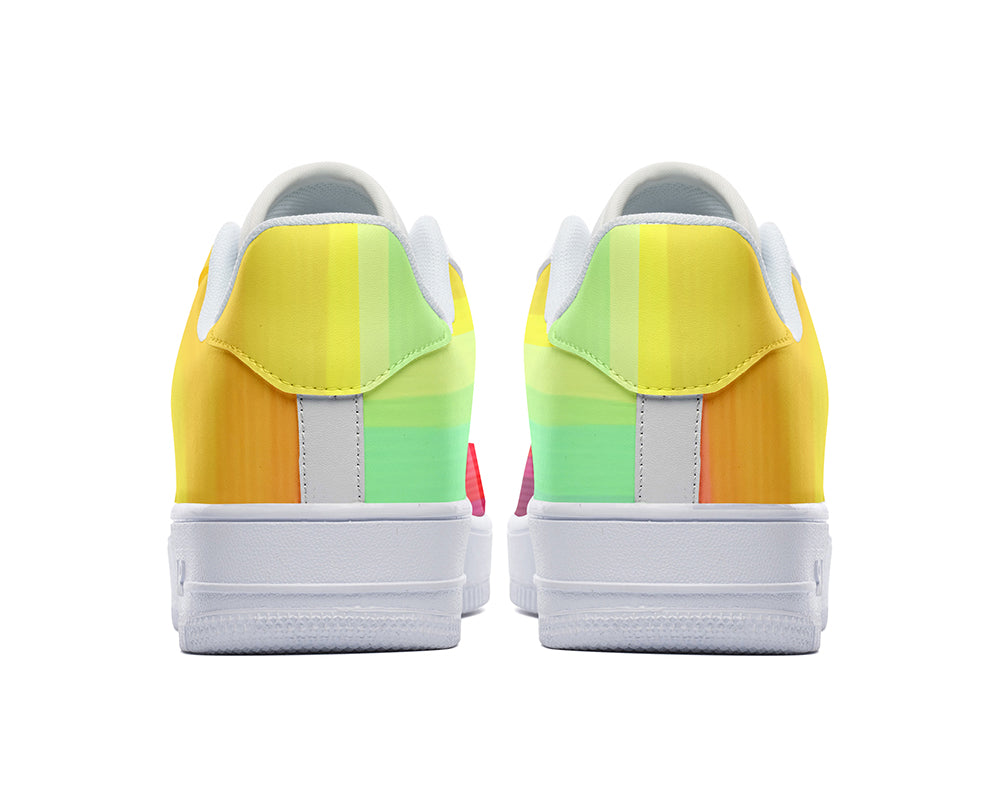 Custom Kiks Rainbow Sneakers – Colorful & Bright Statement Shoes_low-top sneaker with a rainbow-colored gradient design on the upper and a white midsole and outsole.