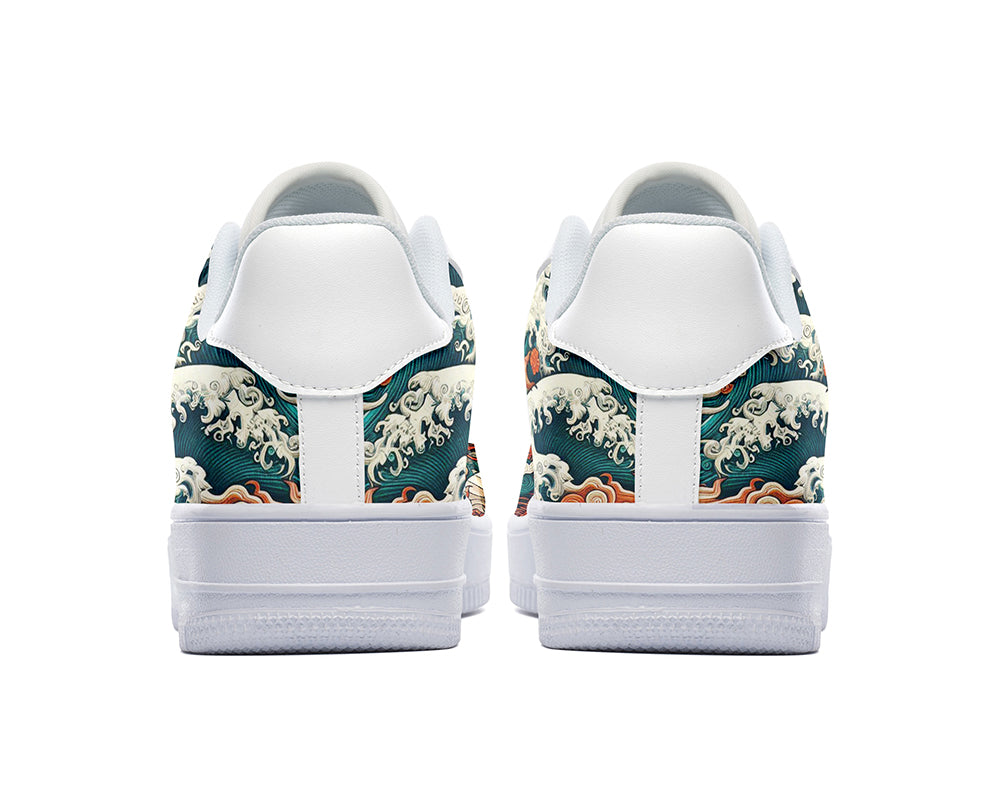 Dragon Court Sneakers featuring a detailed dragon illustration with swirling clouds and Asian-inspired art patterns.