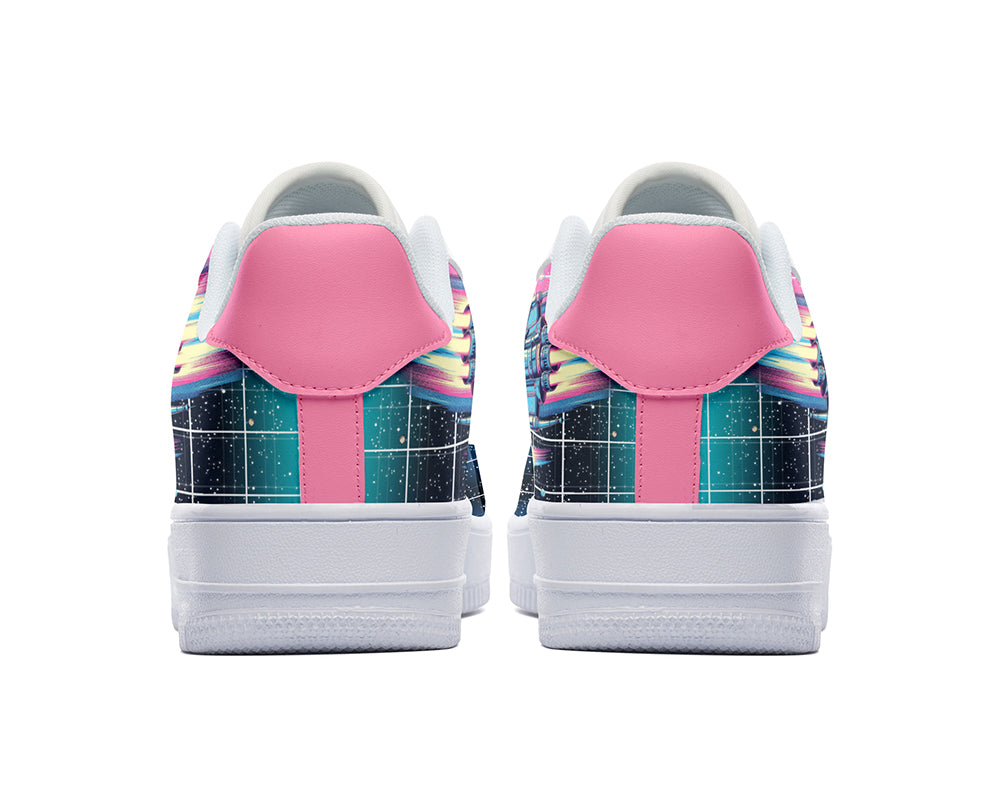 Retro sci-fi sneakers with synthwave space cruiser and wireframe grid graphics on a white court sole.